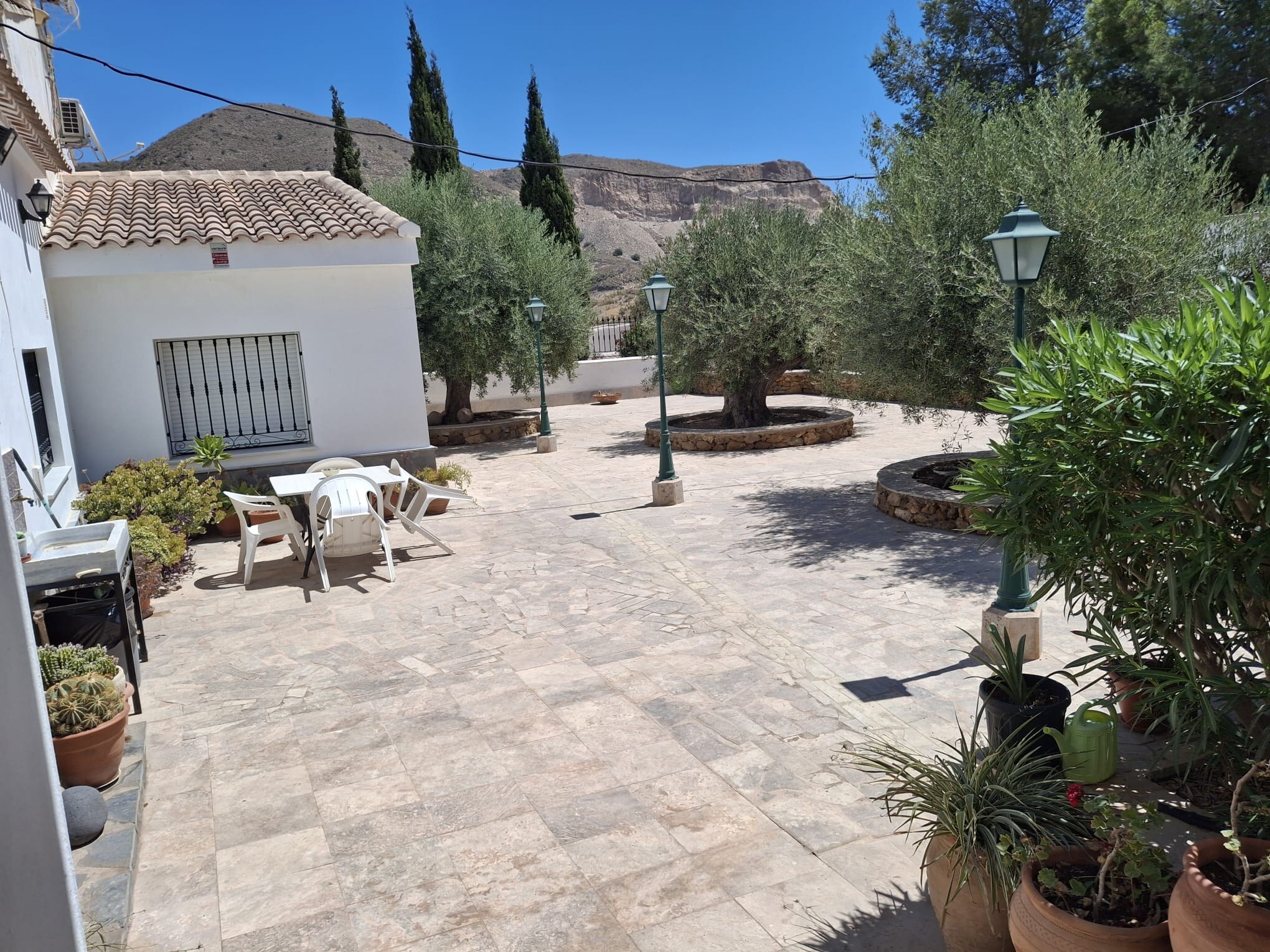 Spacious Andalusian patio with mature olive trees and mountain views